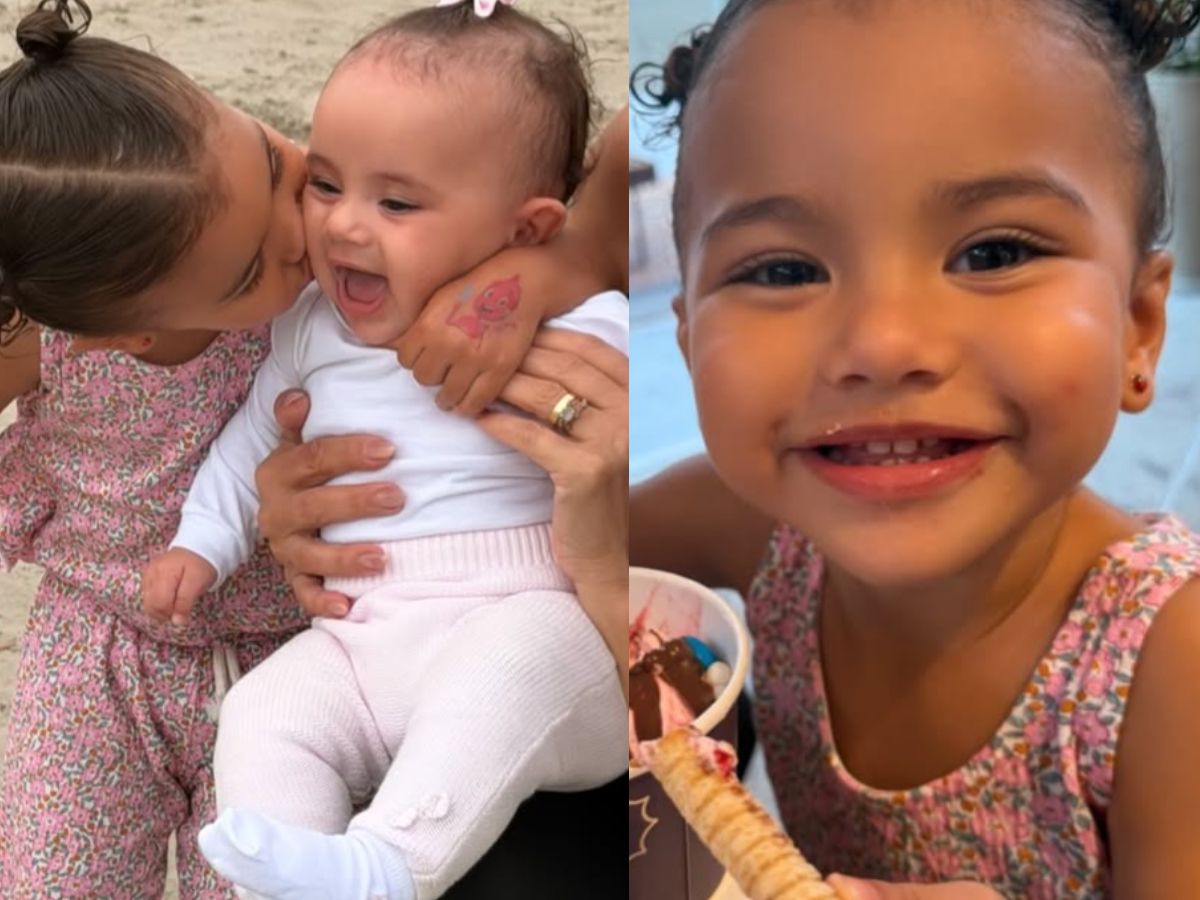 Mavie e Mel encantam ao curtir manhã ensolarada nas areias de Santos