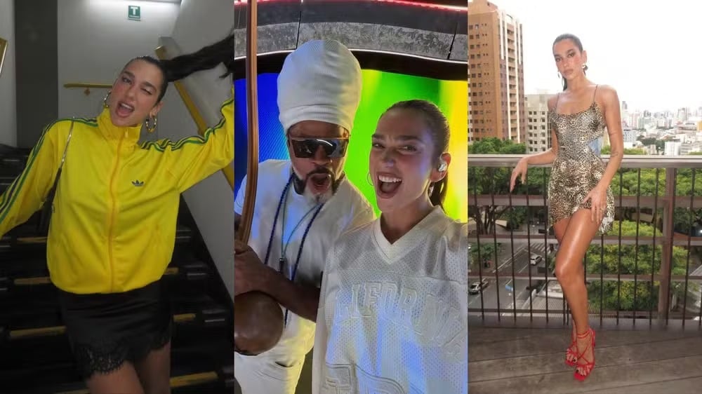 Dua Lipa registra momentos da passagem por São Paulo ao lado de Carlinhos Brown e roda de samba animada