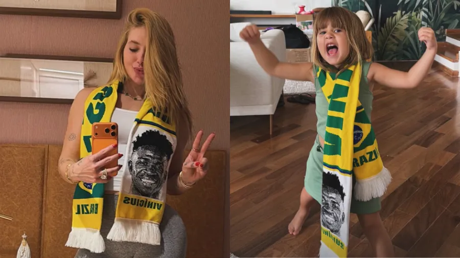 Virginia Fonseca torce por Vini Jr. e posta Maria Alice com faixa personalizada antes de jogo da Seleção